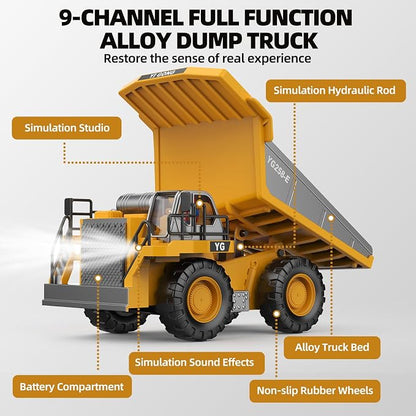 9-Channel RC Dump Truck Toy, 2.4GHz Remote Control Truck with Metal Bed, Light & Sound, 2 Rechargeable Batteries, Construction Vehicle for Kids Boys Girls Ages 3-12