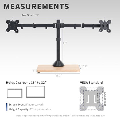 VIVO Dual Monitor Desk Stand for 13 to 32 inch Screens, STAND-V002FD-B | Articulating, Freestanding Adjustable Monitor Arm, Black with Wood Base, Computer Stand for 2 Monitors, Holds 22 lbs Each