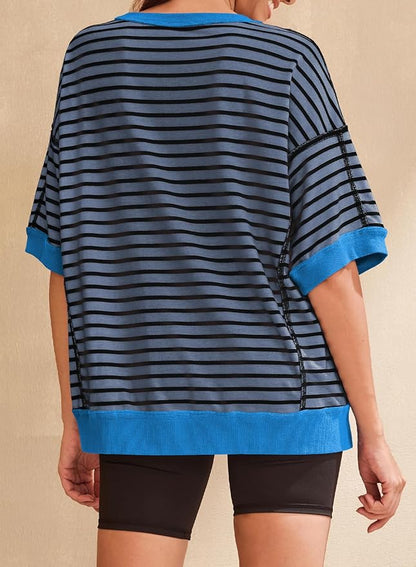 SHEWIN Womens Tops Casual Short Sleeve Sweatshirt Crewneck Striped Shirt Pullover T Shirts Loose Blouses