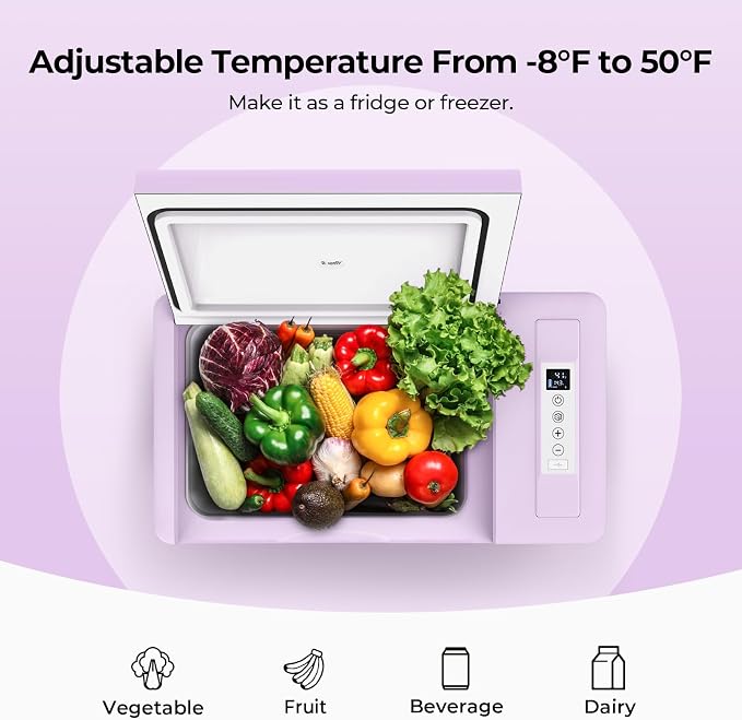 BougeRV Purple 23Quart Portable Refrigerator, 12 Volt Fridge 22L, Portable Freezer Compressor Cooler 12/24V DC 110~240 Volt AC for Truck Van RV Camper -8℉~50℉
