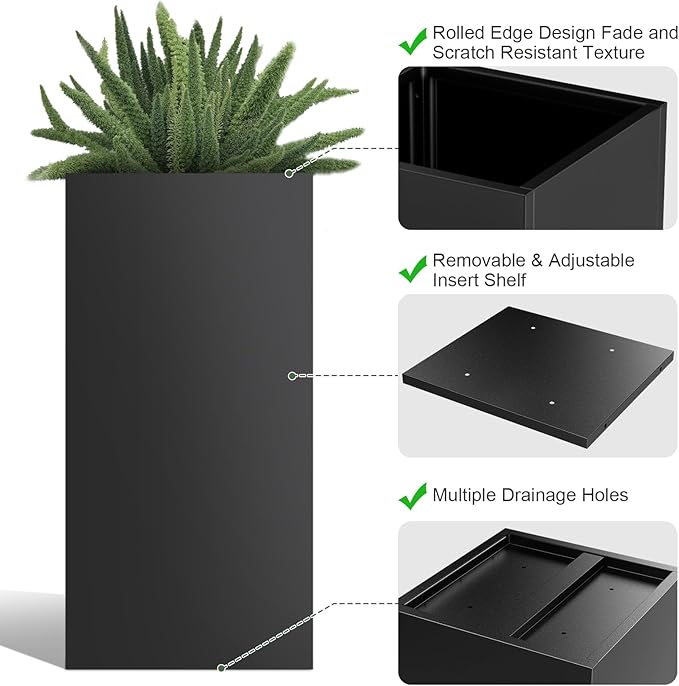 Tall Metal Planter Box for Outdoor Plants 15" L x 15" W x 30" H 2 Pack, Heavy Duty Steel Planter Box with Removable Insert Shelf, Rectangular Planters for Porch, Garden, Yard, Hotel (Black)