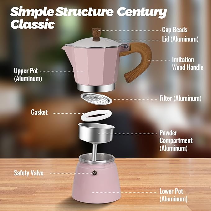 3 Cup Aluminum Moka Pot Classic Stovetop Espresso Coffee Maker 150ml 5oz Coffeemaker Percolator Mocha Pot Greca Coffee Maker Cafe Makers for Italian and Cuban Café Brewing Pink