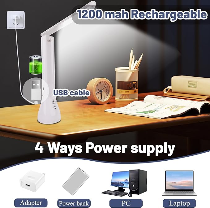 2-in-1 LED Desk Lamp Base with Flashlight for Home Office, Rechargeable, 3 Lighting Modes, Foldable & Portable Light, Cordless Table Bedside lamps, White