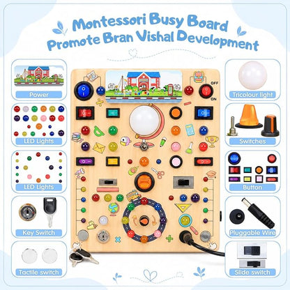 Busy Board with LED Light Switches, Montessori Toys for 1 2 3 Years Old, Toddlers Wooden Toy Sensory Activity Board, Travel Toys for 1+ Year Old Boy & Girl Birthday Gift (School 19 Switches)