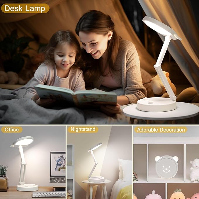Boncoo Rechargeable Lamp, Cute Bear Battery Operated Desk Lamp Portable & Foldable, LED Cordless Lamp Dimmable with 3 Color Modes, Eye Caring Table Light Small Desk Lamps for Home Office Dorm