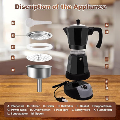 Electric Aluminum Moka Pot 3-6 Cup 150-270ml Espresso Maker | with Detachable Base Ideal Coffee Makers for Home MochaPot Italian and Cuban Café Coffeemaker Espressomaker CoffeePot Black