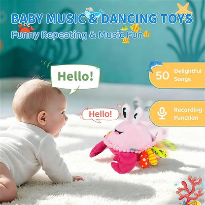 Baby Toys 6-12-18 Months, Pink Crawling Crab Tummy Time Toy, Rechargeable Musical Plush Toy with 50 Songs & Voice Recorder, Dancing Bouncing Interactive Baby Girl Sensory Toddler Toys 1 Year Old Gift