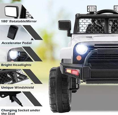 Costzon Ride on Car, 12V Battery Powered Truck Vehicle with Remote Control, Spring Suspension, Headlights, Music, Horn, MP3, USB & Aux Port, Gift for Boys Girls, Electric Car for Kids (White)