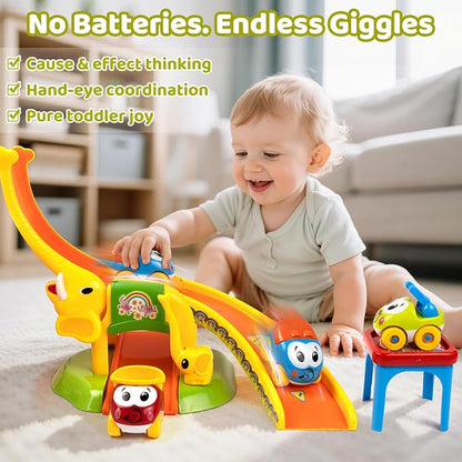 Marstone Toddler Toys for 1 2 Year Old Boys and Girls Gifts: Educational Elephant Slide with 4 Animal Car Toys for Baby 12-18 Months, First Birthday Gifts for Kids, Learning Push Race Tracks Age 1-2