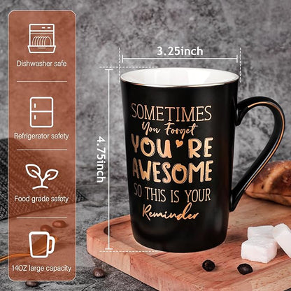 Anniversary Birthday Thank You Gifts for Men, 14oz Unique Black Ceramic Mug | Sometimes You Forget You're Awesome - Gold Print Inspirational Cup, Funny Valentines Day Presents for Boyfriend Husband Him