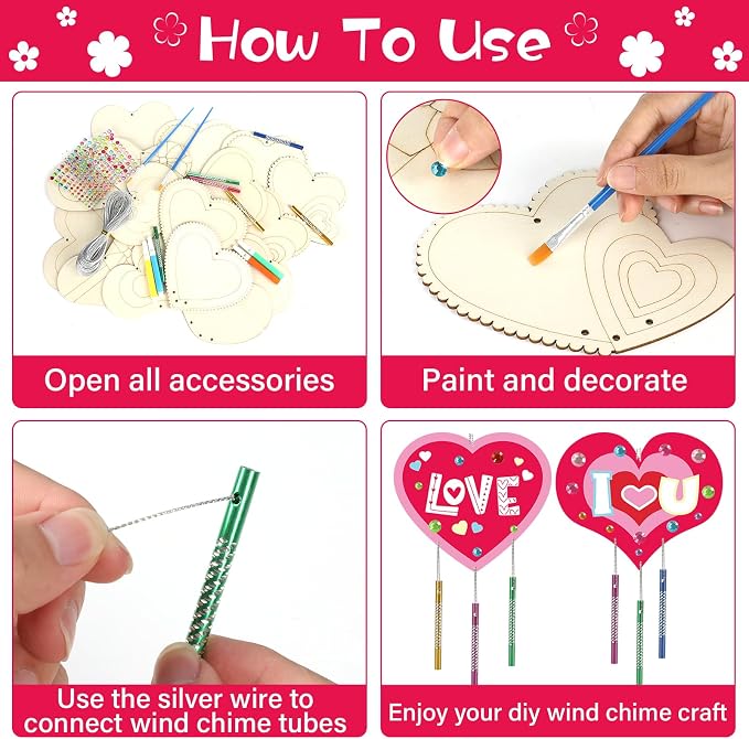 gisgfim 16 Pack Heart Wind Chime Crafts Kits for Kids Make Your Own Valentine's Day Craft Love Crafts Wooden DIY Arts for Valentine Party School Classroom Decorations Supplies Birthday Favors