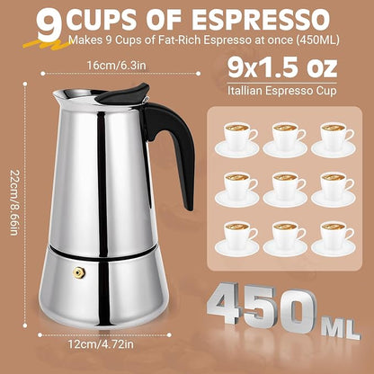 9 Cup Stainless Steel Moka Pot, 450ml Stovetop Espresso Maker, Silver