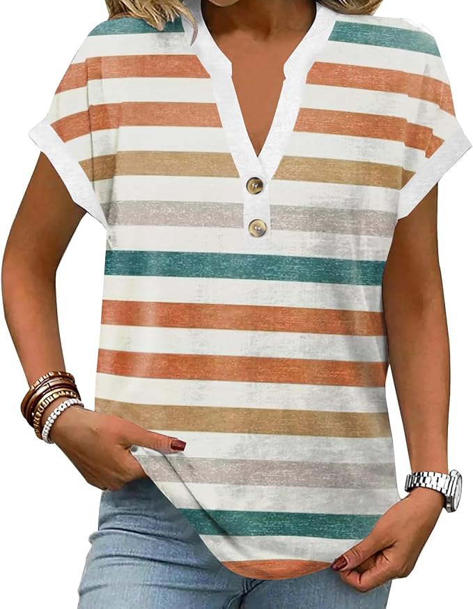 Womens Henley Summer Tops V Neck Button Dressy Casual T Shirts Blouses | Breathable, V-Neck Button, Striped, Loose Fit, Business Casual, Office, Vacation, Spring Summer Tops, Basic Shirts