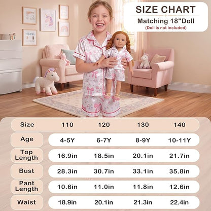 FIOBEE Girls Satin Pajamas Doll Matching Clothes, Stain Button Down Pjs Set Fits 18 Inch Dolls Soft Silky Toddler Kids Sleepwear White Floral