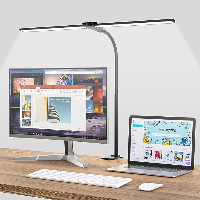 LED Desk Lamp for Home Office,Bright Double Head Desk Lamp with Clamp,Dimmable 5 Color Modes Desk Lighting,12W Eye-Caring Architect Table Lamp for Workbench,Monitor,Reading,Study,1400lm