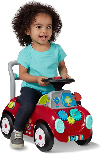 Radio Flyer Busy Buggy, for Toddlers 1-3, 3-in-1 Push Walker Ride On Car with 17 Sensory Activities, Anti-Tip Feature, Under-Seat Storage, Horn and Gears, 42 lb Capacity, Toddler Ride On Toys