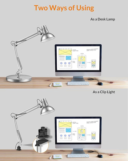 LEPOWER Metal Adjustable Desk Lamp with Clamp, Swing Arm for Home Office | Gooseneck, Architect Style, Eye-Caring Table Lamp, On/Off Switch, E26 Base, Reading for Dorm, Bedroom, Study, Back to School
