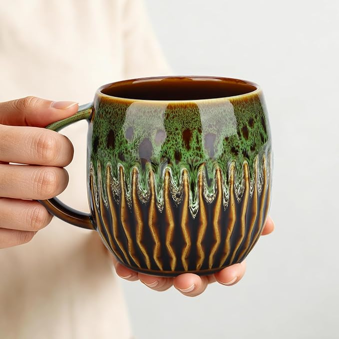 20oz Large Ceramic Coffee Mugs Unique Big Pottery Coffee Mug Microwave Safe Cool Stoneware Cups for Tea Latte Oversized Mug With Handle for Home Green Wide Clay Mugs for Men Fancy Handmade Ceramic Cup