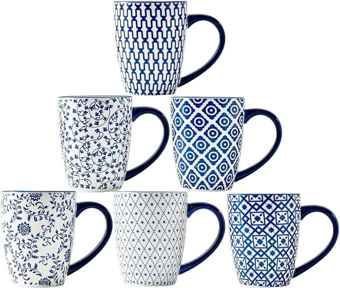 Ceramic Coffee Mugs Set - 16 Oz Large Porcelain Tea Cups with Handle for Men Women Latte Cocoa Cappuccino - Christmas Housewarming Gift - Dishwasher Safe - Set of 6 - Vintage Blue