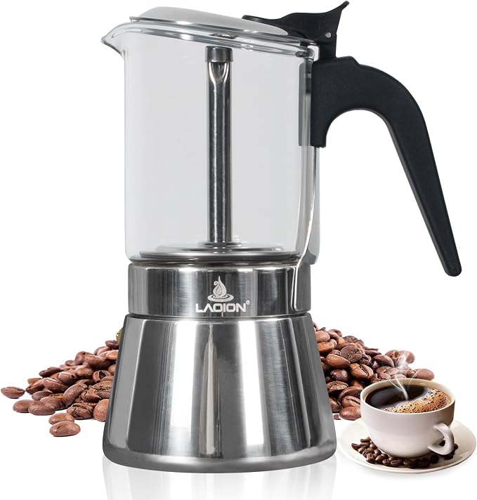 LAOION Stovetop Espresso Maker, 9Cup 360ml Moka Pot, Cuban Coffee Make | Crystal Glass-top & Stainless Steel Coffee Maker Mocha Pot, Greca De Cafe, Cuban and Italian Coffee Maker for Cafetera Cubana