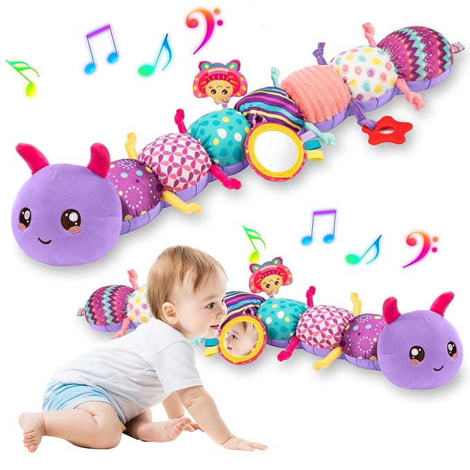 Baby Sensory Toys for 0-6 6-12 Months, Musical Stuffed Caterpillar Toy with Crinkle Rattle Mirror, Baby Essentials Infant Tummy Time Toys for 3 6 9 12 18 Months, Newborn Boys Girls Shower Gifts