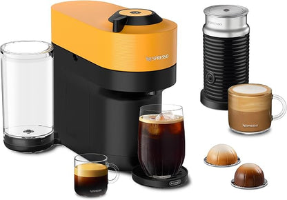 Nespresso Vertuo Pop+ Coffee Machine with Milk Frother, Mango Yellow | Yellow coffee and espresso maker by De'Longhi with compact design. Aeroccino3 frother bundle for hot or cold foam drinks.
