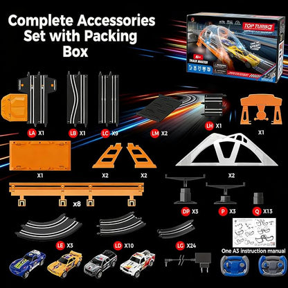 Electric Slot Car Race Track Sets with 4 High-Speed Racing Slot Cars Dual Racing Game with 2 Controllers Circular Overpass Track Featuring Flash Bridge Pendulum Gifts Toys for Boys Kids Age 6 7 8-12