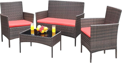 Greesum Patio Furniture 4 Pieces Conversation Sets Outdoor Wicker Rattan Chairs Garden Backyard Balcony Porch Poolside loveseat with Soft Cushion and Glass Table, Brown and Red