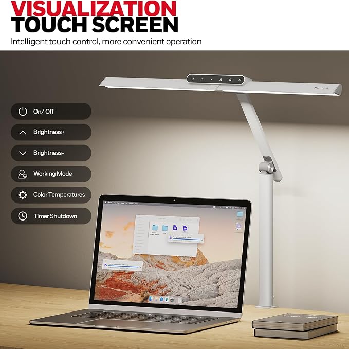 Honeywell HJ1 Sunturalux LED Clamp Desk Lamp 1200LM for Computer | CRI≥97, 4 Color Temps, Eye-Caring, Architect Task Lamp for Workbench, Reading, White