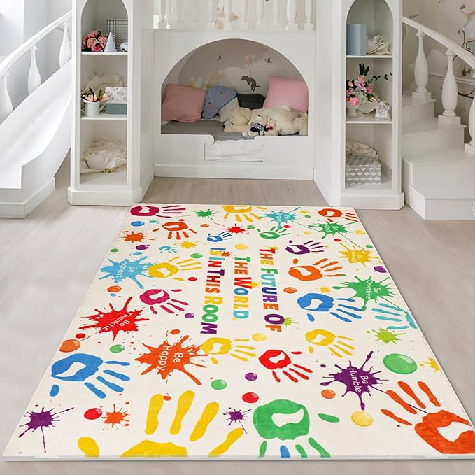 Colorful Kids Rug, Washable Rug for Kids, Handprints Area Rugs for Kids Bedroom, Non-Slip Play Mat Ultra Soft Thick Indoor Plush Rugs for Playroom Classroom Nursery Decor (59 X 39.4 INCH)