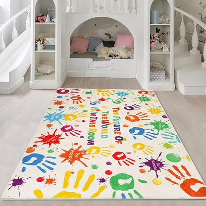 Colorful Kids Rug, Washable Rug for Kids, Handprints Area Rugs for Kids Bedroom, Non-Slip Play Mat Ultra Soft Thick Indoor Plush Rugs for Playroom Classroom Nursery Decor (59 X 39.4 INCH)