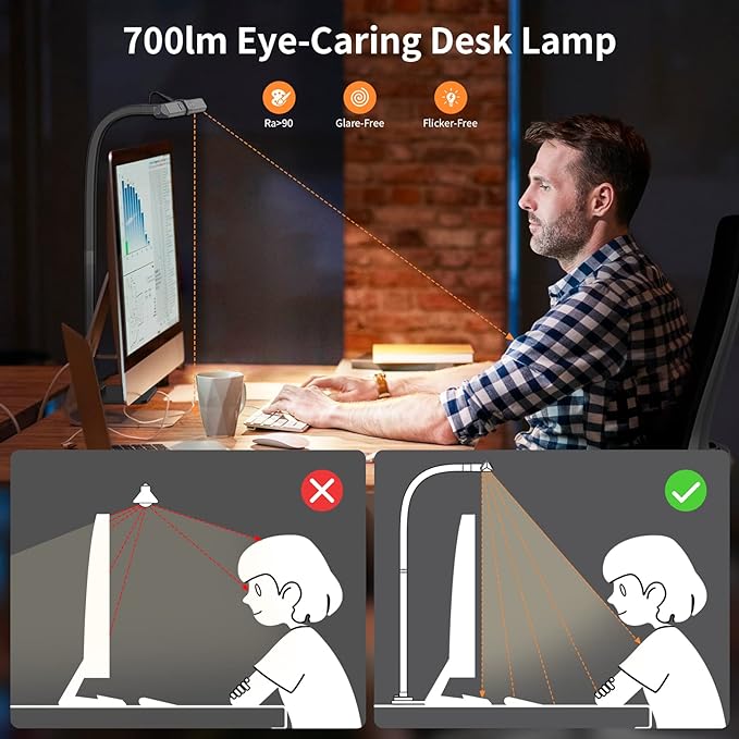 KableRika 12W LED Desk Lamp, Modern Architect Task Lamp with 6 Color Modes, Auto-Dimming, Eye-Care for Home Office, 18.1Inch Wide, 1.5m Cable, Aluminum Alloy, Black
