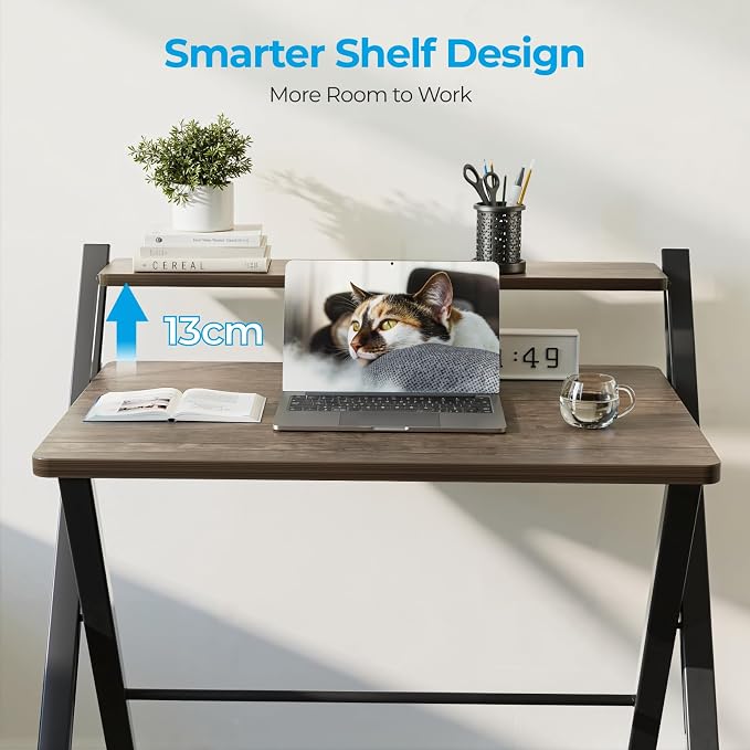 GreenForest Folding Desk No Assembly, Sturdy Computer Desk for Small Spaces | Portable Foldable Table for Laptop, 2-Tier Compact with Shelf, Space Saving for Home Office, Dorm, Apartment, 27"x 22" Brown