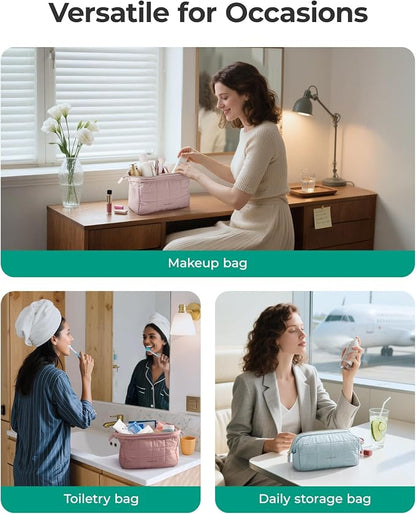 BAGSMART Makeup Bag Travel Toiletry Bag, Wide-open Zipper Pouch, Sage Green | Puffy Padded, Travel Essentials, Make Up Bag, For Women, Makeup Organizer, Toiletries Accessories Brushes