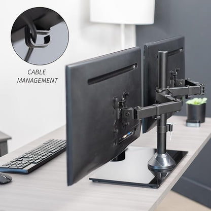 VIVO Freestanding Dual Monitor Stand with Sleek Glass Base and Adjustable Arms, Mounts 2 Screens up to 32 inch and 22 lbs Each, Black, STAND-V002FG | Articulating, Freestanding Adjustable Monitor Arm, Black with Glass Base, Computer Stand for 2 Monitor...