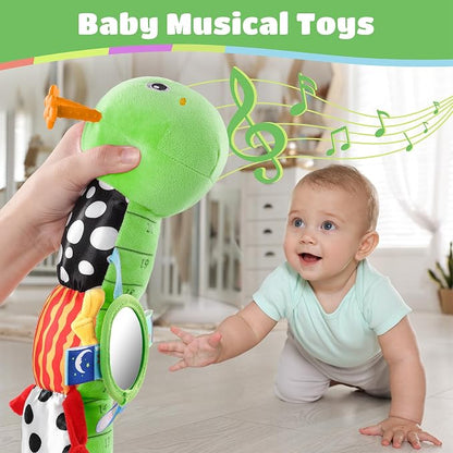 AWOTOY Baby Sensory Toys Music Caterpillar Plush Infant Toys 0 6 12 Months | Stuffed Animals Tummy Time Teething Toys with Mirror Pull String Rattle Baby Toys for Newborn Boy Girl Shower Birthday Gifts