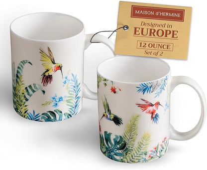 Maison d' Hermine Coffee Mug with Handles Tea Cups (12 Ounce, Pack of 2) | Fine Bone China Coffee Mugs for Hot Beverages Cappuccino Latte Home Restaurant Hotel Spring Summer -Tropiques
