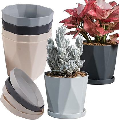InmeRun Plant Pots Indoor Plastic Flower Pots Outdoor 5 inch Set of 6 Pack with Drainage Holes and Saucers for Garden Pots (5 in 6 pcs)