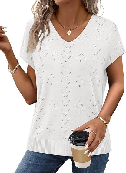 WIHOLL Short Sleeve Sweater for Women V Neck Trendy Cute Tops Business Casual Outfits Cap Sleeve