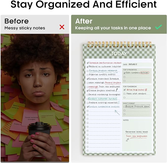 Taja To Do List Notepad, Undated Daily Planner for Work and Goal Setting | Mint Checkered, 52 Sheets, 9.8" x 6.5" , for Office, Home and school, Daily Task Planning, Notes and Everyday Organization