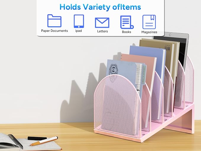 gianotter Desktop File Organizer with 5 Compartments | Desk Organizer Paper Organizer for Desk Workspace Organizers for Office Supplies (Pink, Inclined Style)