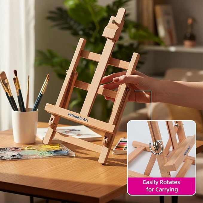 Falling in Art Tabletop Easel Set, Portable Wooden Art Easel Painting Kits for Kids, Easel for Painting Canvases, Including 12 Colors Acrylic Paints, 10 Paintbrushes and 4 Canvas Panels, Pink