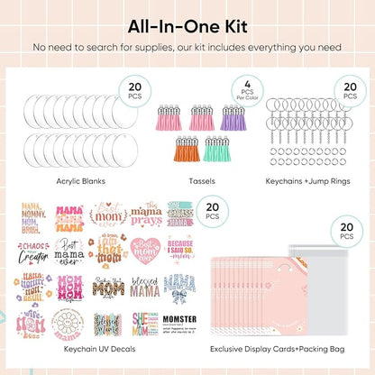 YOPPIX 140 PCS Acrylic Keychain Blank Set, Mama Double-Sided UV DTF Stickers Acrylic Keychain Making Kits for Vinyl DIY Craft Project