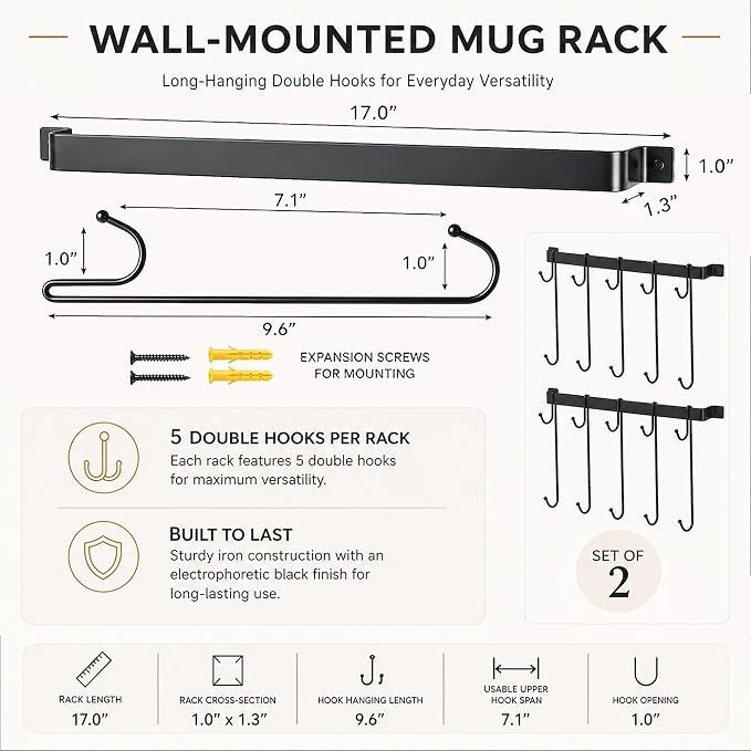 17" Coffee Mug Hook Rack Wall Mounted Set of 2 | Black Metal Tea Cup Holder Hanger Organizer 10 Hooks, Kitchen Rail Utensil Rack for Dining Room Coffee Bar