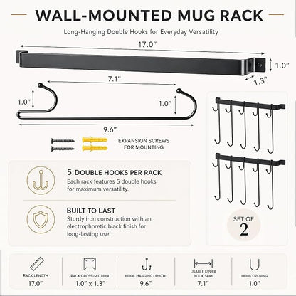 17" Coffee Mug Hook Rack Wall Mounted Set of 2 | Black Metal Tea Cup Holder Hanger Organizer 10 Hooks, Kitchen Rail Utensil Rack for Dining Room Coffee Bar