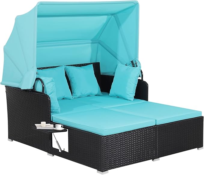 Salches Outdoor Daybed, Patio Daybed with Retractable Canopy, High-Resilient Soft Cushions, Foldable Side Trays, Outdoor Bed Loveseat for Garden, Backyard, Porch (Turquoise)