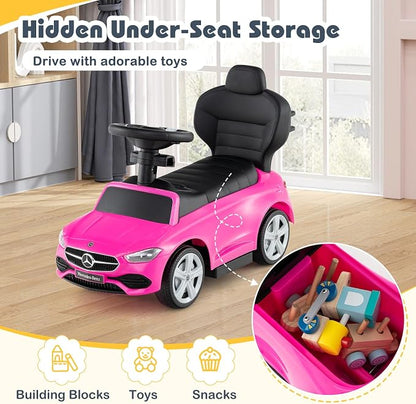Costzon Push Car for Toddlers, 3 in 1 Mercedes Benz Stroller Sliding Walking Car w/Canopy, Handle, Safety Bar, Horn Sound, Underneath Storage, Foot-to-Floor Ride On Toy for Boys & Girls (Pink)