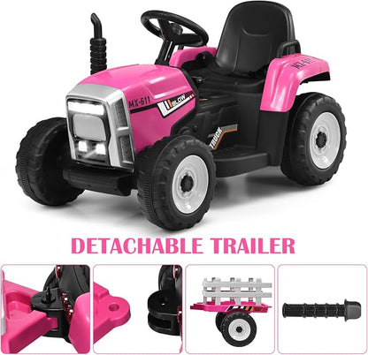 HONEY JOY Ride On Tractor with Trailer, Toddler 3-Gear-Shift Ground Loader, LED Lights, Horn, Music, 12V Battery Powered Electric Toy Tractor with Remote Control (Pink)