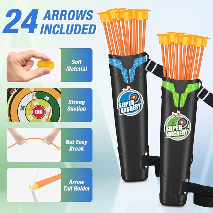HYES 2 Pack Bow and Arrow for Kids, LED Light Up Archery Set with 24 Suction Cup Arrows, 1 Standing Target, 6 Score Targets & 2 Quiver, Indoor Outdoor Sport Gifts for Boys Girls Ages 4-8