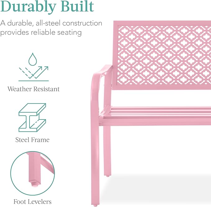 Best Choice Products Outdoor Bench 2-Person Metal Steel Benches Furniture for Garden, Patio, Porch, Entryway w/Geometric Backrest, 790lb Capacity - Pink